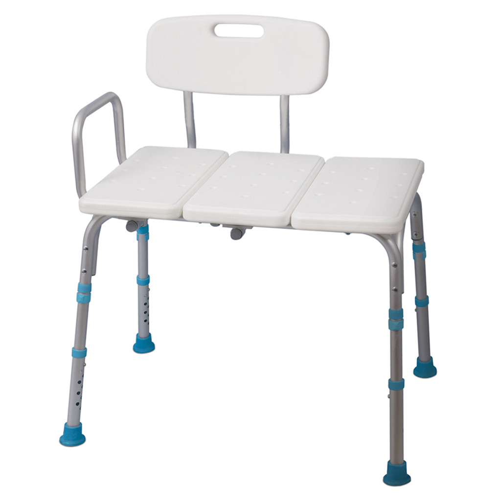 White AquaSense 770-406 transfer bench on a plain background, with a back, one arm and blue leg rings