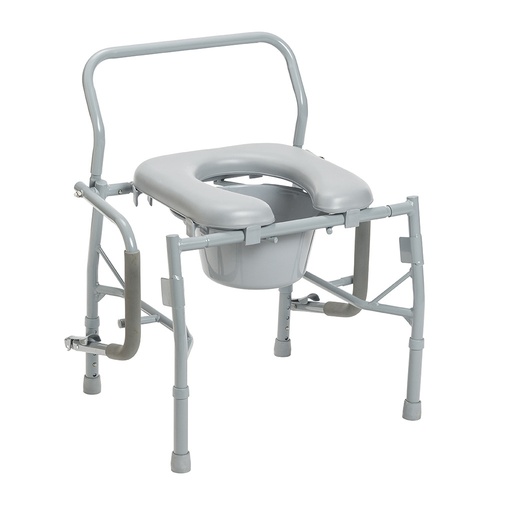 Both padded arms lowered beside the legs, leaving both sides of the open-front seat clear
