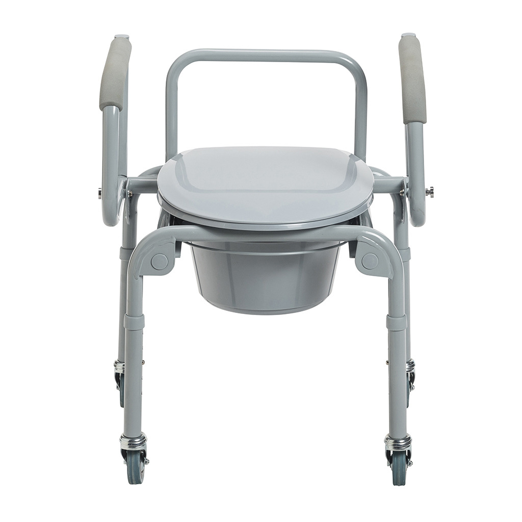 Front view with the lid closed, both padded arms raised and the pail underneath