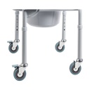 Close-up of the four swivel casters, two with brake levers, and the leg holes