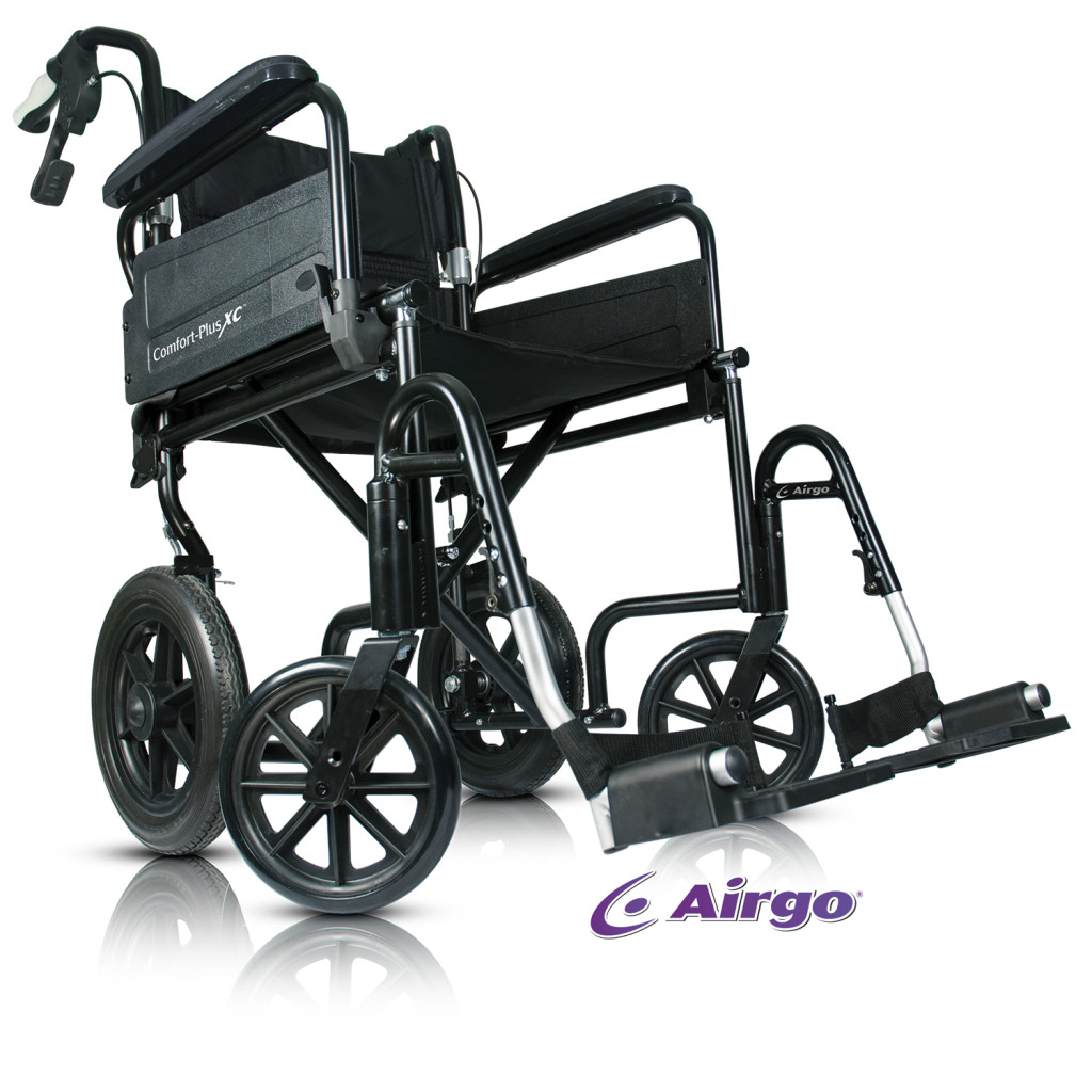 Low front view of the black Comfort-Plus XC with its 8 inch casters, 12 inch rear wheels and footrests out