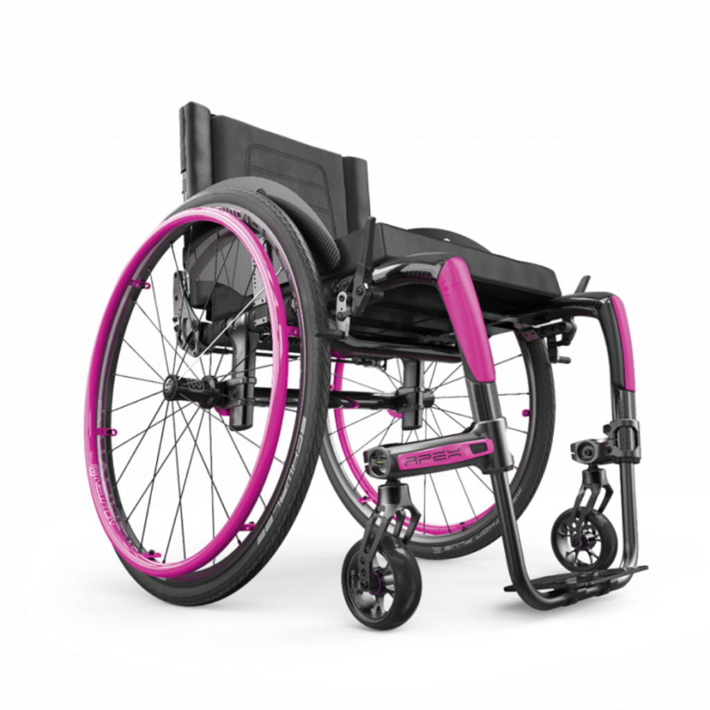 Apex C rigid wheelchair with a fuchsia accent, front view