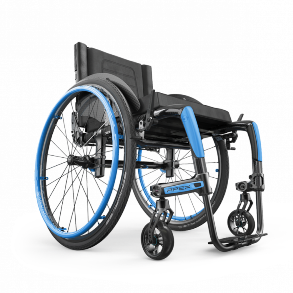 Apex C rigid wheelchair with a sky blue accent, front view
