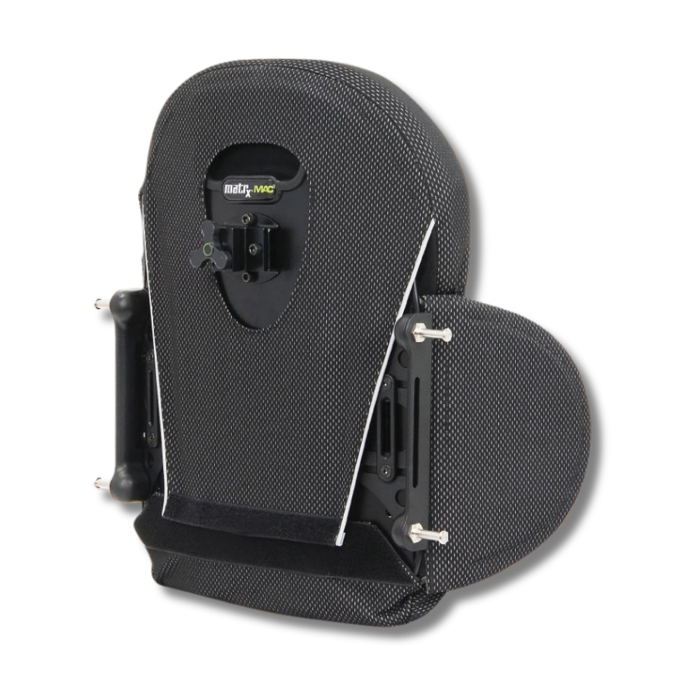 Back of the Matrx MAC back with the Matrx MAC logo, the EasySet hardware and the pivoting side contour bracket