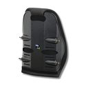 Back pan of the Matrx Elite TR back with the Invacare badge, four quick-release mounting pins and the slotted adjuster holes