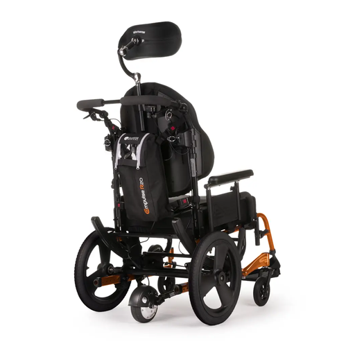 Rear view of an Iris with an orange frame, fitted with the optional Empulse R20 power assist and its backpack