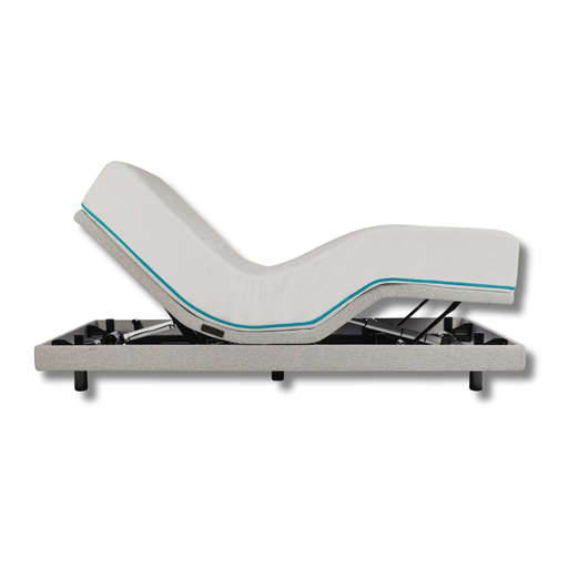 Sophia 2 base with the head section raised and nobody on the bed, in the Orthex grey upholstery
