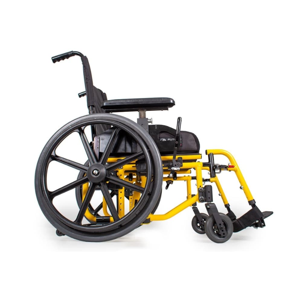 Side view of the chair in Yellow Ribbon with the armrest, swing-away footrest and large rear wheel
