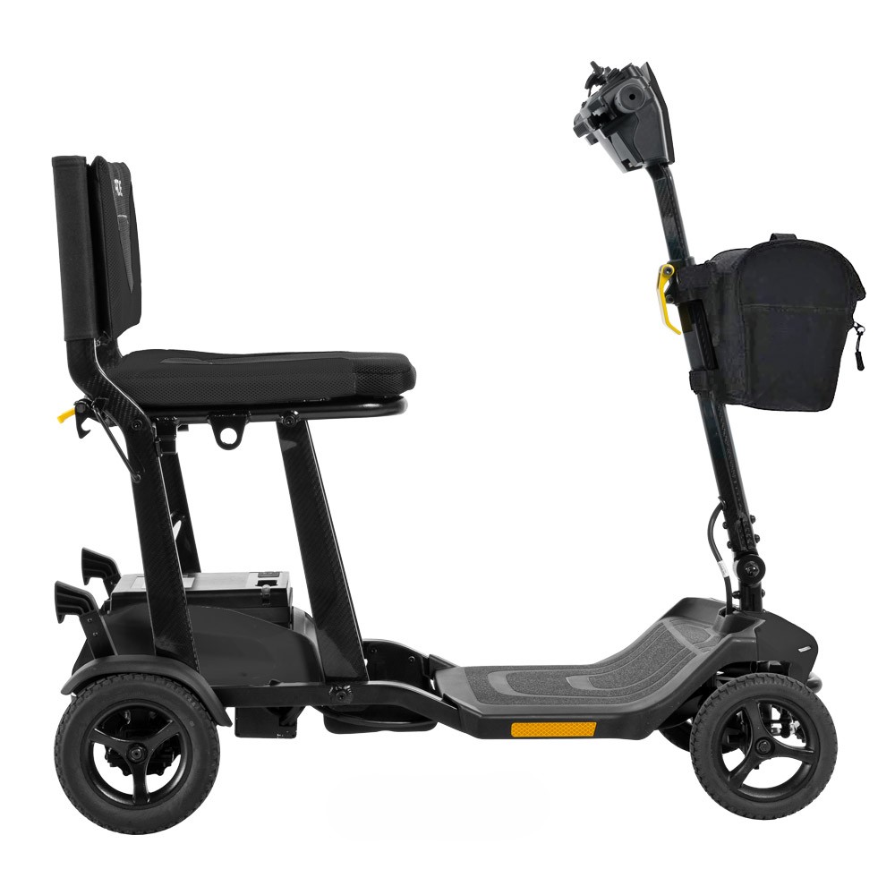 Right side of the black folding scooter, with the battery box, mesh seat and front bag