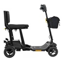 Right side of the black folding scooter, with the battery box, mesh seat and front bag