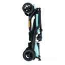 Mint scooter folded flat, with the seat and tiller collapsed and a wheel at each end