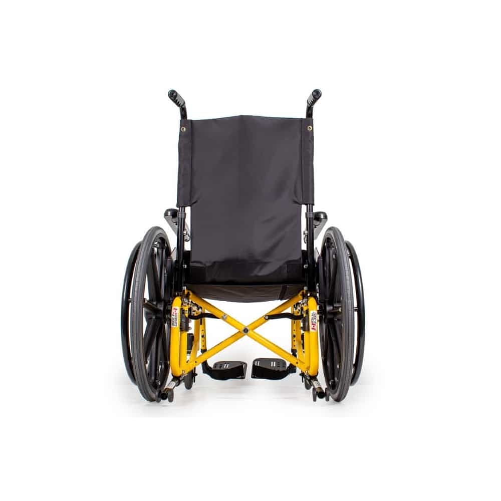 Rear view showing the sling back upholstery, the two push handles and the cross brace between the wheels