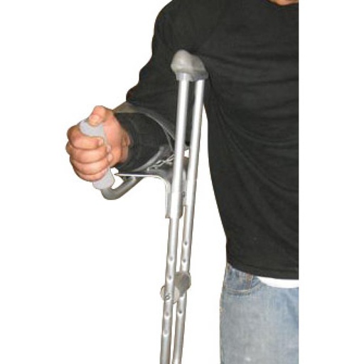 Platform attachment in use on a forearm crutch, forearm resting on the padded cradle
