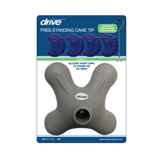 Drive quad cane tip in its retail blister pack, with the tip and extra blue pads