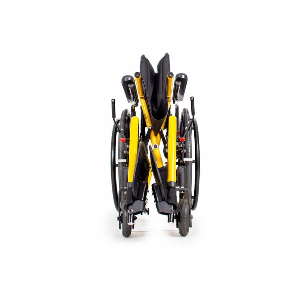 The chair folded side to side with its rear wheels still on, seen from the front