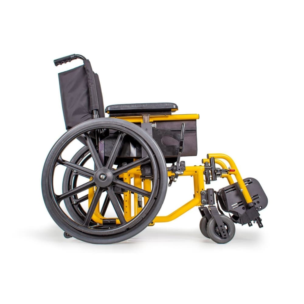Side view with the footrest swung out to the side, clearing the way to the seat for a transfer