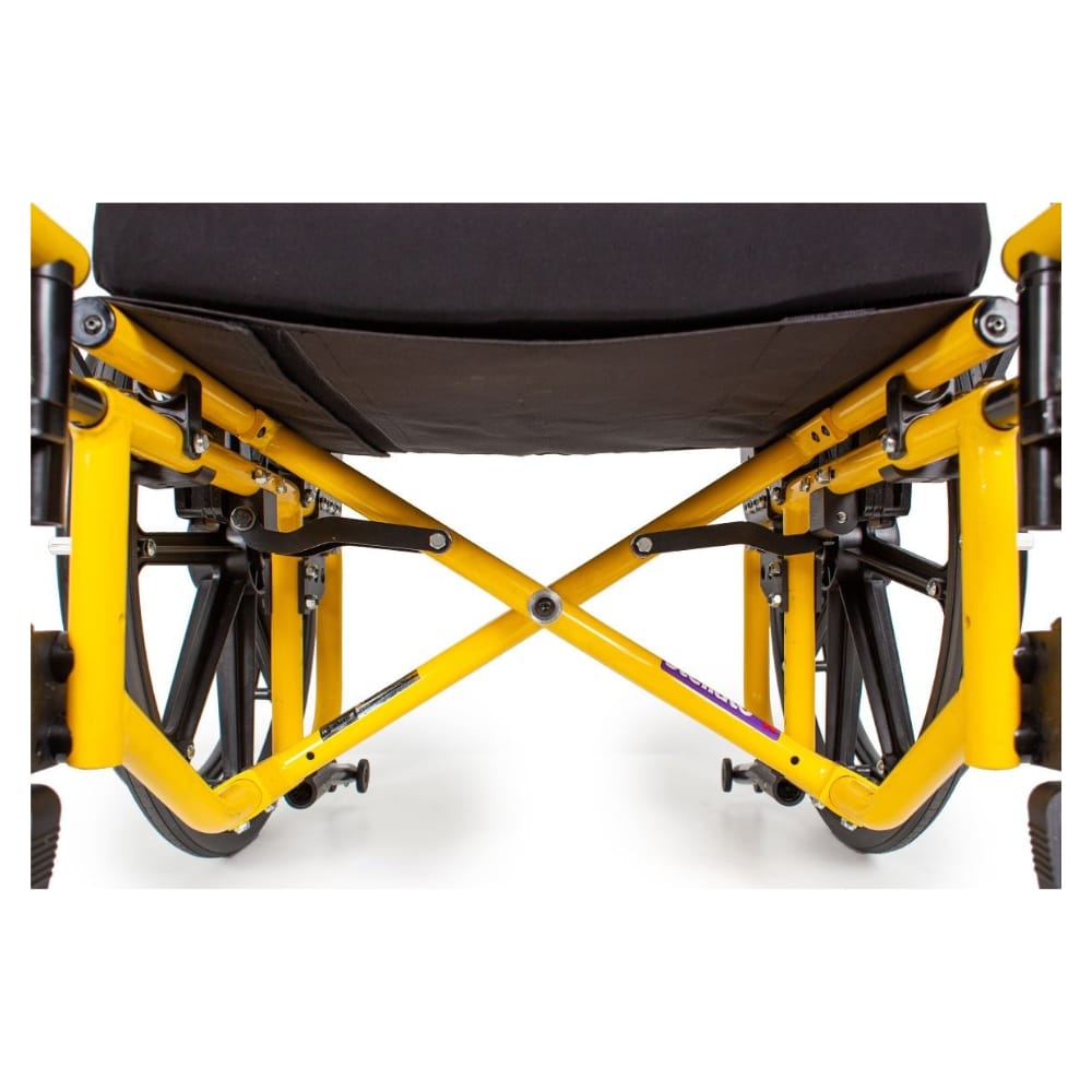 Close-up under the seat: the cross brace tubes meeting at the centre pivot below the black seat sling