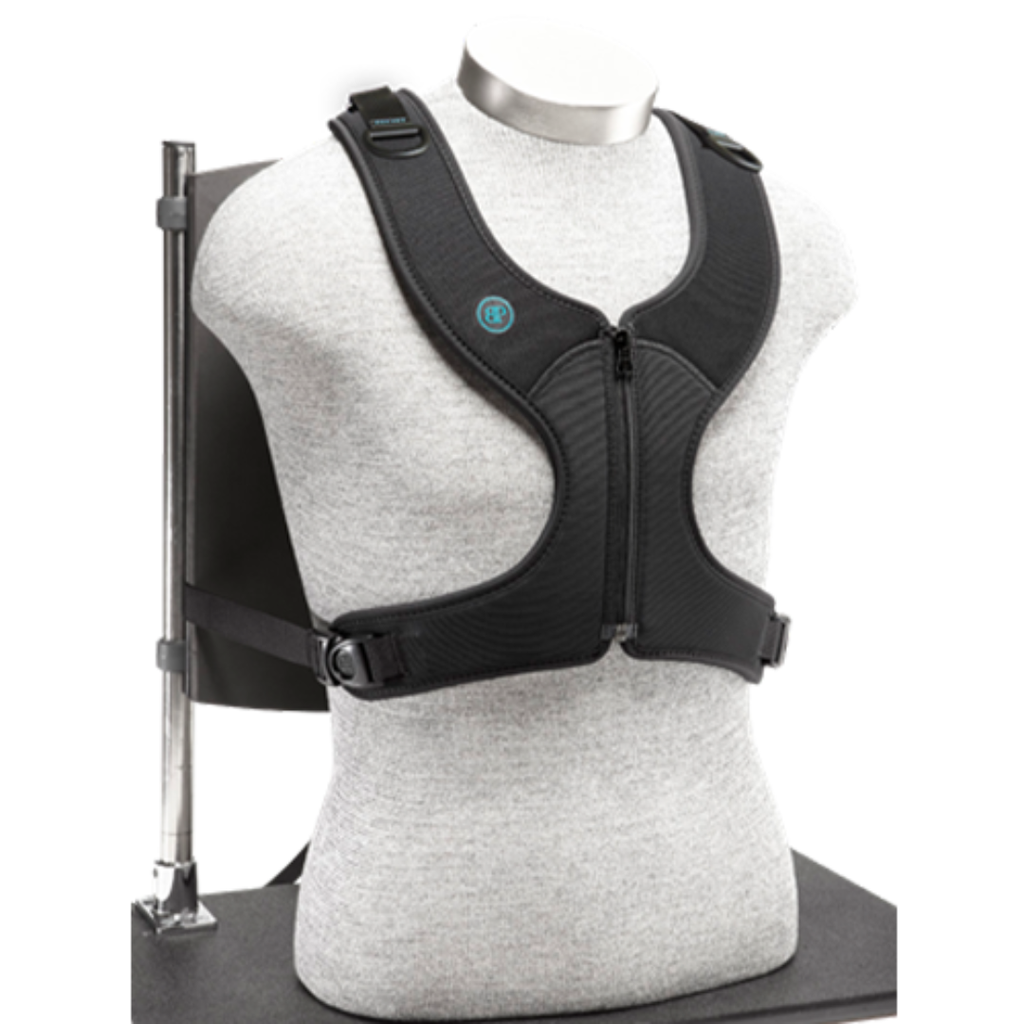 Narrow Stayflex with a front zipper on a mannequin, straps fixed to a wheelchair back