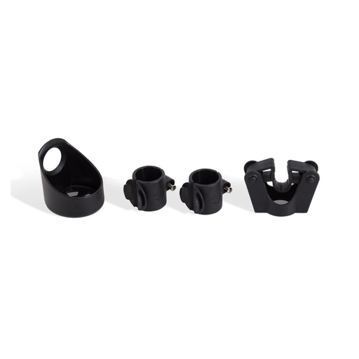 The neXus cane holder's parts laid out: the holder, its clamps and the screw fixings