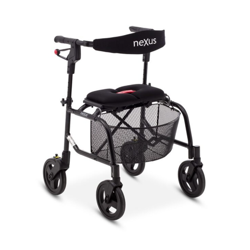 Human Care hard basket 4510 hung on the frame under the seat of a neXus 3 rollator