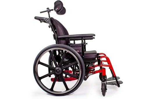 Right side of the Orion III in Fire Red with headrest, contoured back, cushion, push bar and large rear wheels