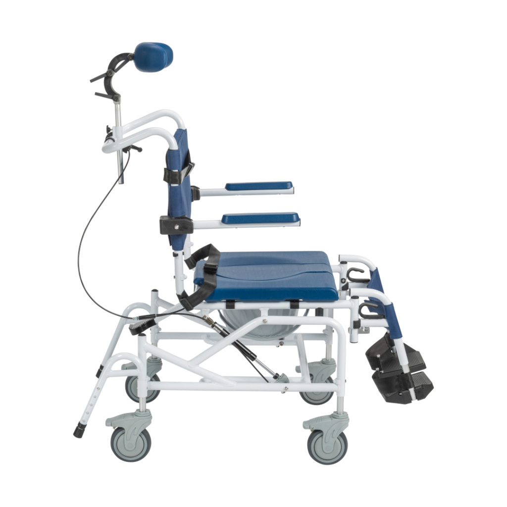 Side view of the tilted seat, gas strut, flip-back arm and swing-away footrest