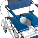 Upright front view with the padded seat, headrest, chest strap and footplates