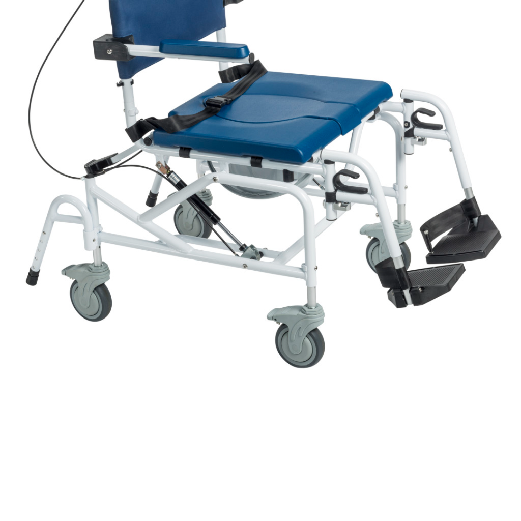 Rear view of the tilt handle, push bar, back upholstery and rear casters
