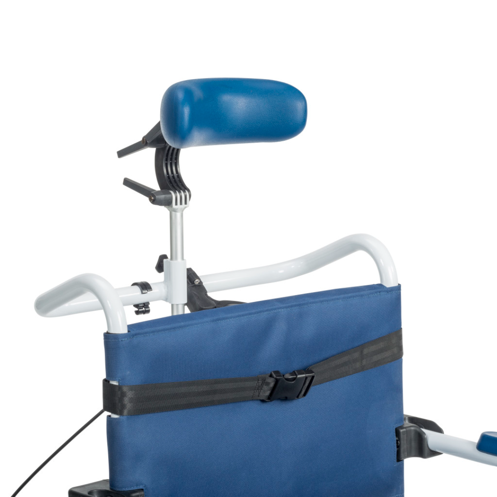Side view of the upright chair, showing the seat opening and footrest hanger