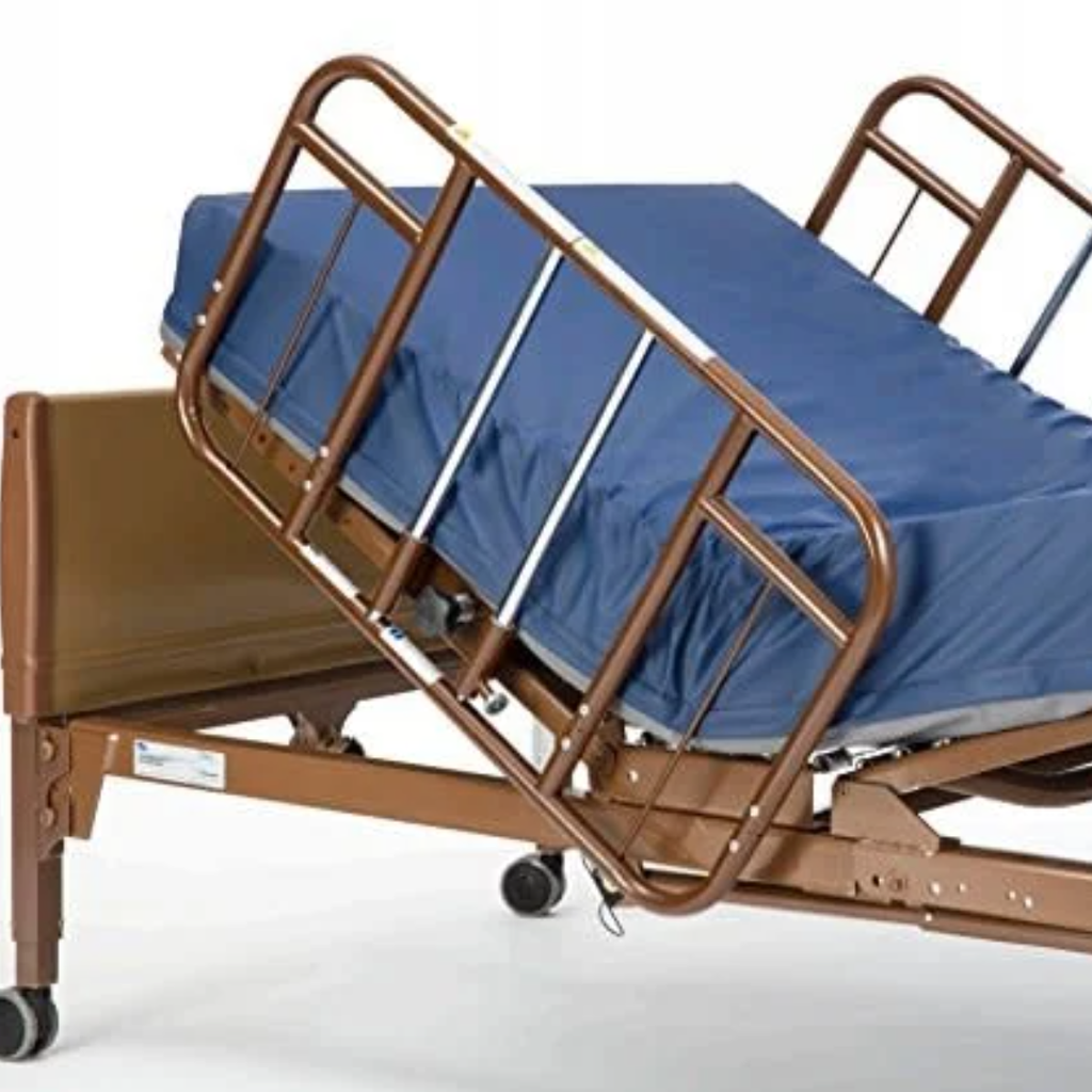 Full-length brown side rail and blue mattress fitted to the raised head section