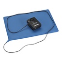 Black alarm box resting on the blue chair-size sensor pad, with the pad cord looped around it