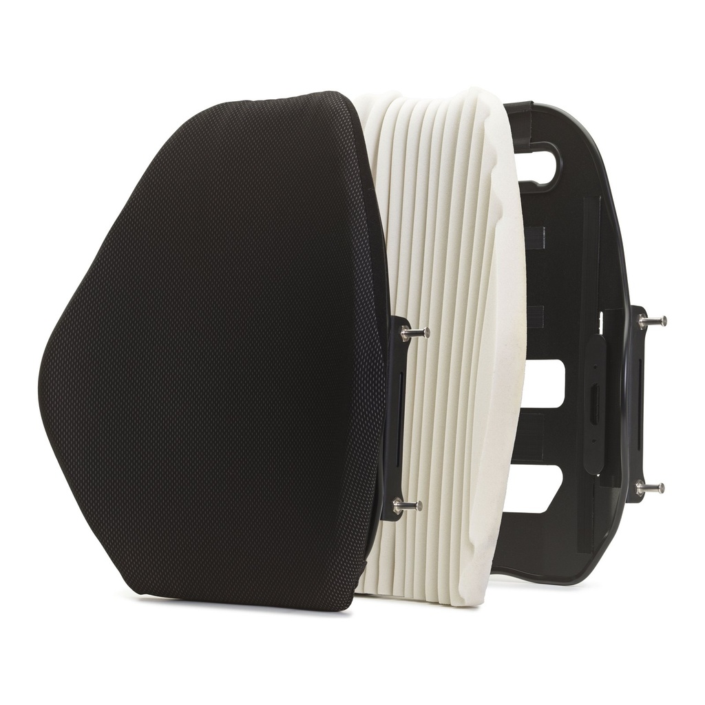 Matrx E2 layers pulled apart: Meshtex cover, Ripple foam and the contoured shell with mounting pins
