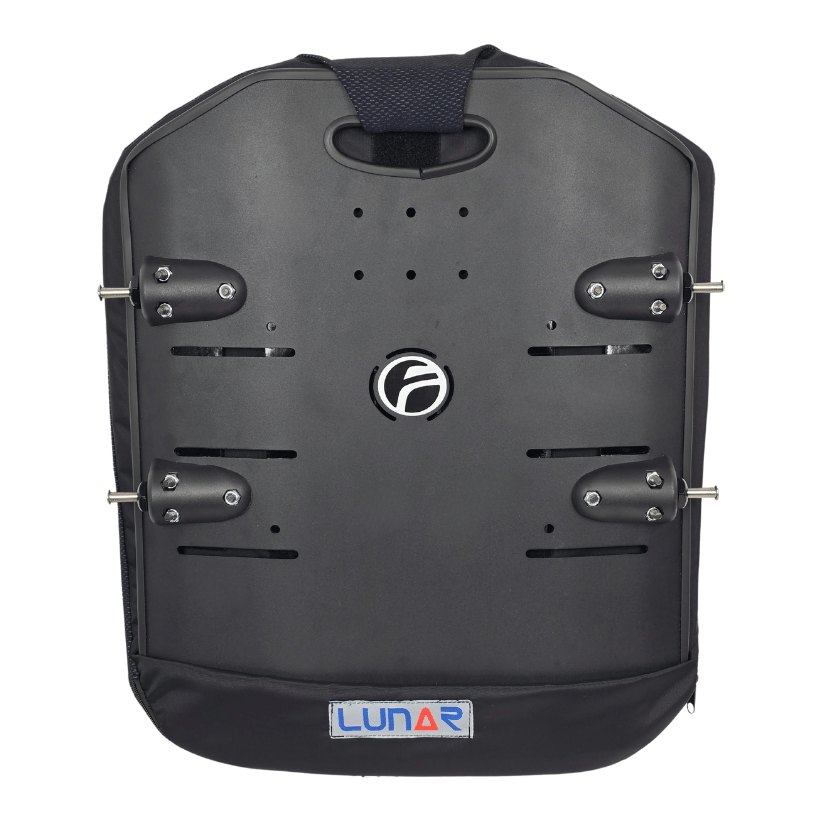 Rear of the Lunar Slim aluminum shell, showing four pin brackets and a Lunar label on its cover
