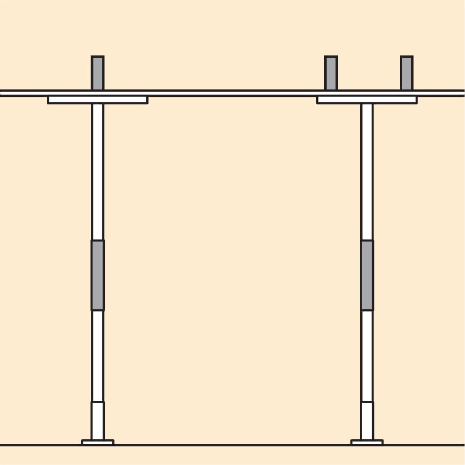 Diagram: one pole under a single ceiling joist, another with its top plate spanning two joists