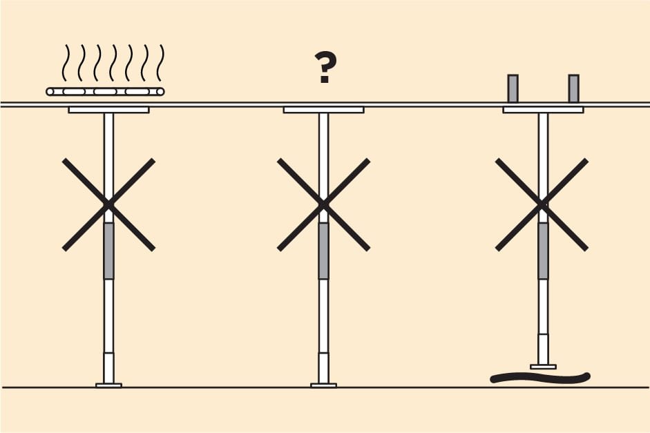 Diagram of set-ups to avoid: radiant ceiling heat, an unknown structure above, a loose rug underfoot