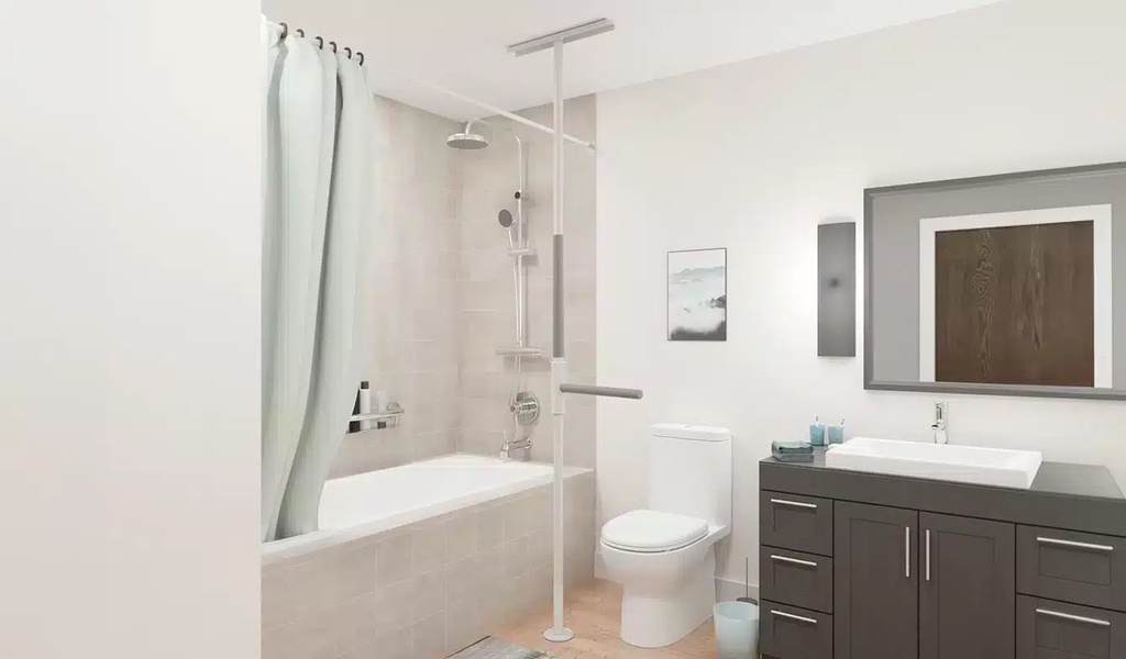 Bathroom with the pole standing at the end of the bathtub beside the toilet, its bar turned out over the floor