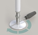 Screwdriver turning the jackscrew at the base of the pole to press it tight between floor and ceiling