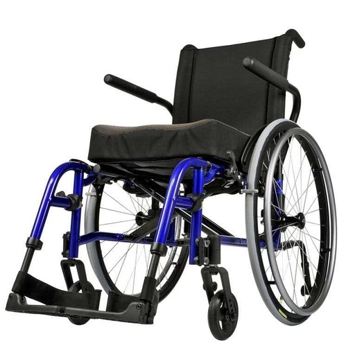 Example folding wheelchair with a blue frame, black seat and back, and large rear wheels with hand rims