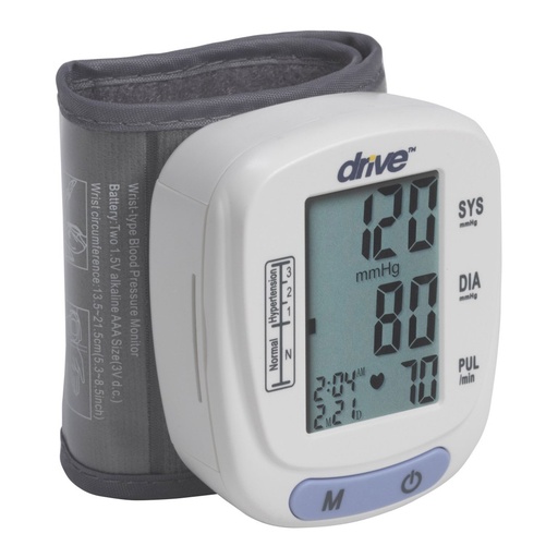 BP2116 seen from the right, grey wrist cuff closed, screen showing systolic, diastolic and pulse