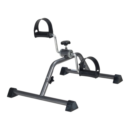 Exercise peddler seen from the right, with the tension knob above the crank between the strapped pedals
