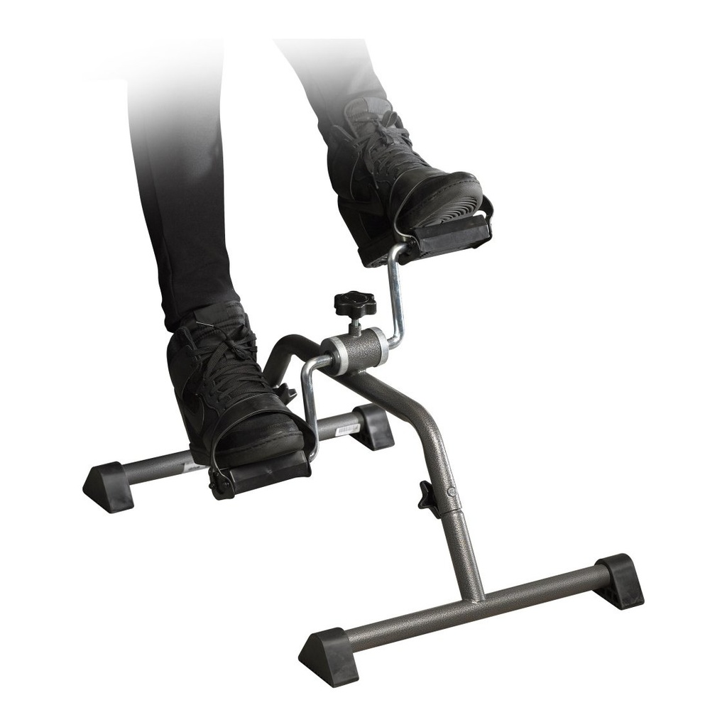 Two feet in shoes held by the pedal straps of the Drive peddler, mid-stroke