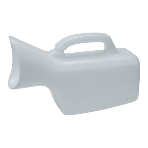 Drive female urinal lying on its long side, with the wide angled opening at one end and the handle on top