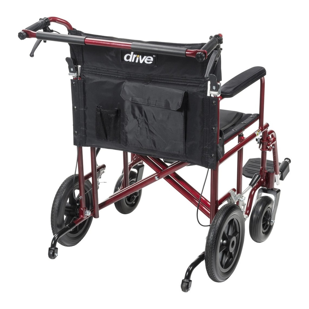 Rear view of the ATC22-R in red, showing the push bar, hand brake levers, back pocket and anti-tippers