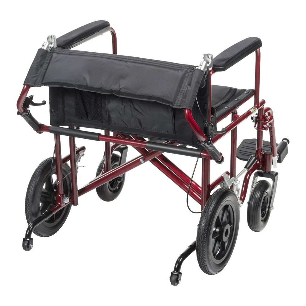 Drive bariatric transport chair with its backrest folded down over the seat for storage