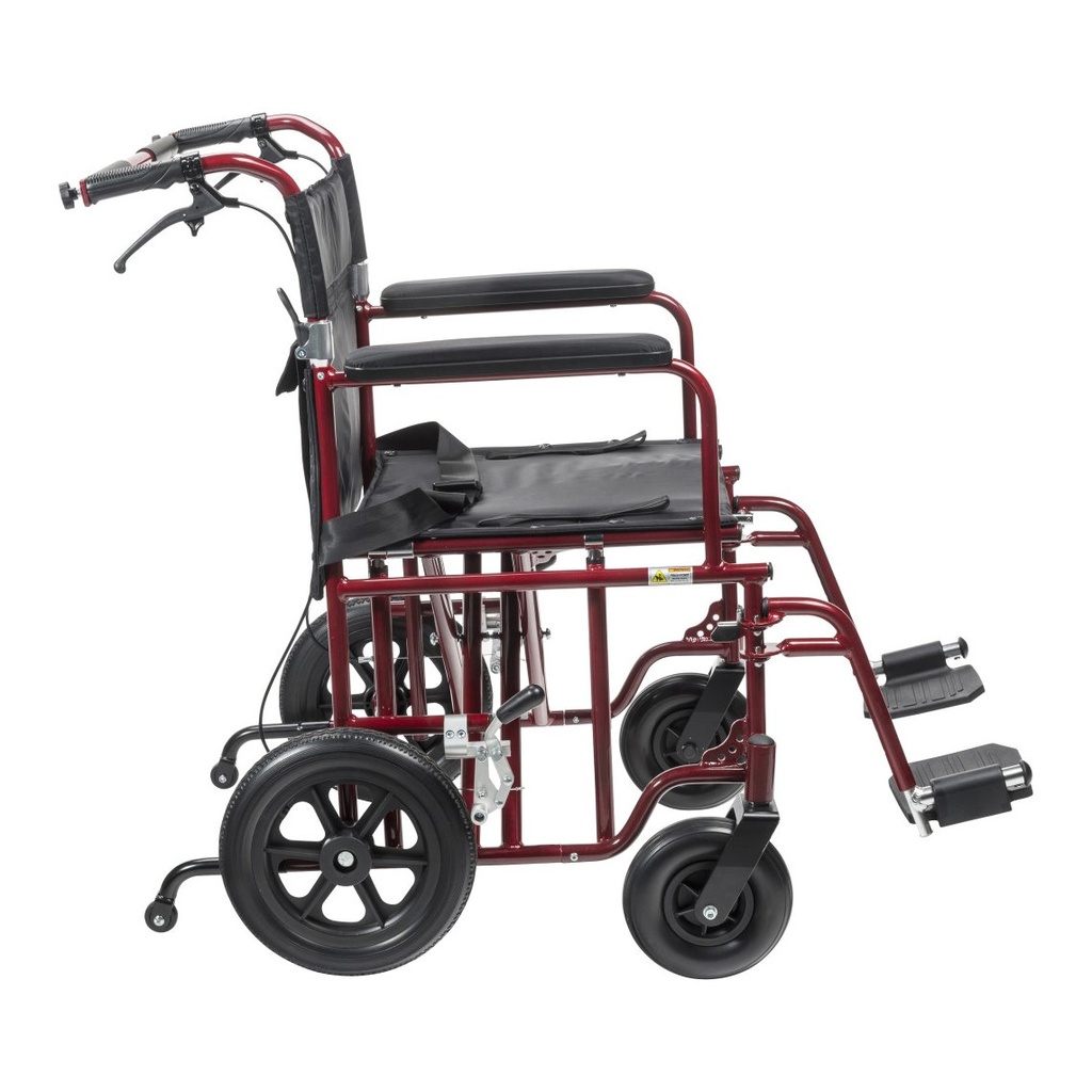 Side view of the 22 inch aluminum transport chair with footrests, 12 inch rear wheel and anti-tipper