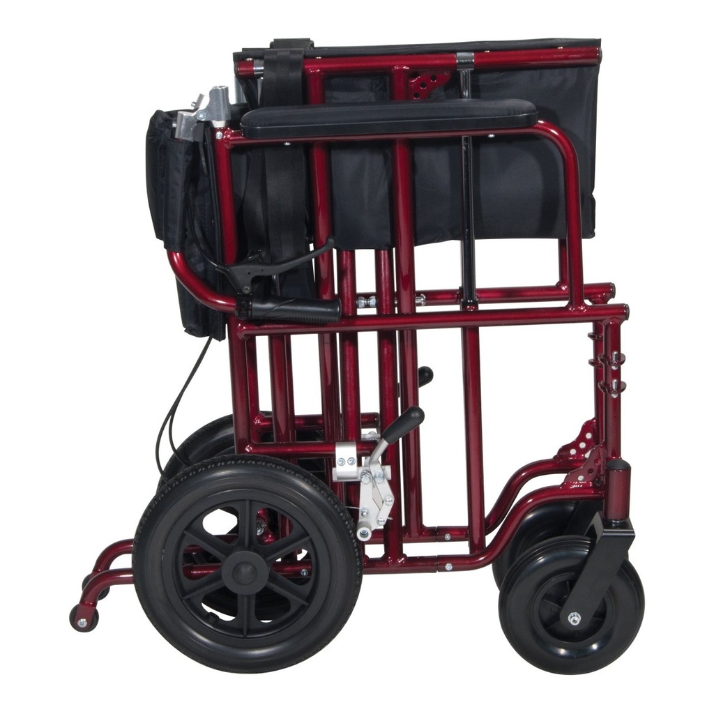 The red ATC22-R folded side to side, seen from the side with the back folded down