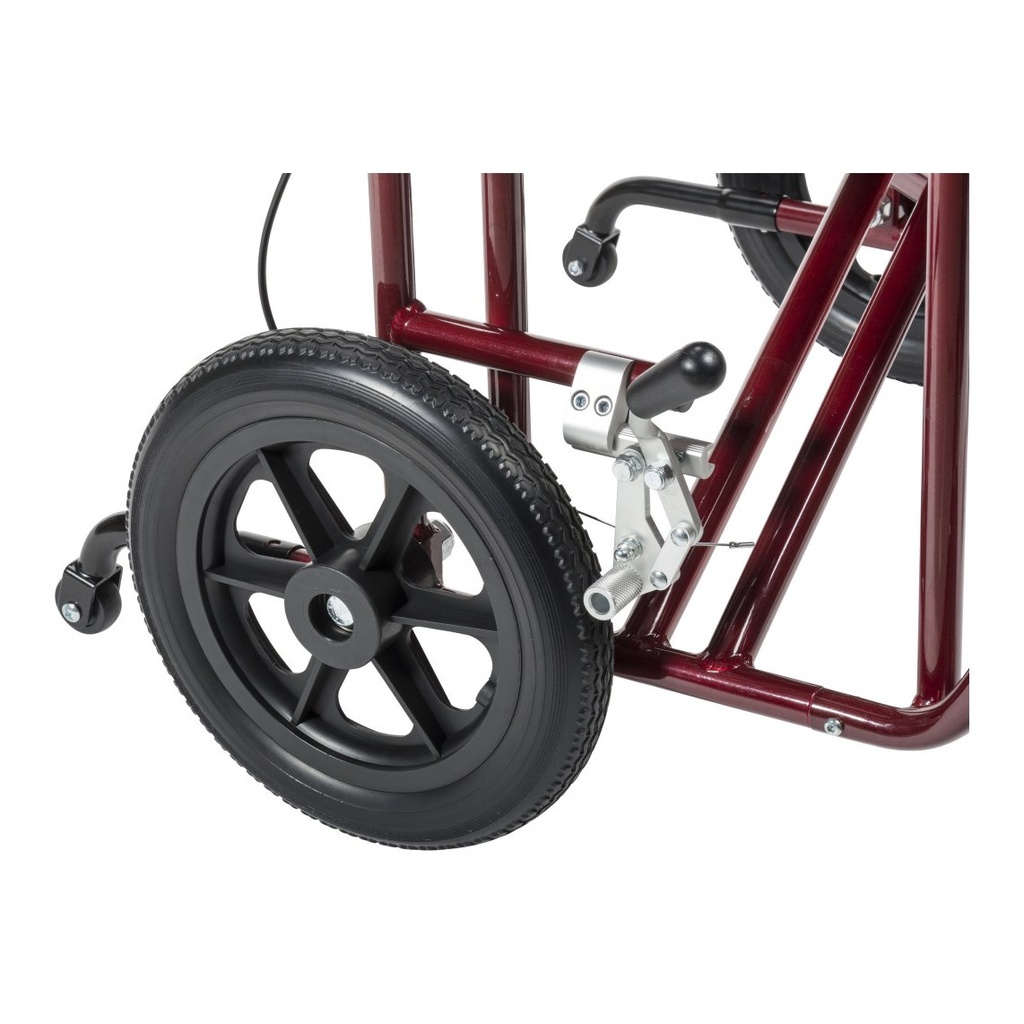 Close-up of a 12 inch flat-free rear wheel and its wheel lock with the brake cable