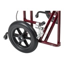 Close-up of a 12 inch flat-free rear wheel and its wheel lock with the brake cable