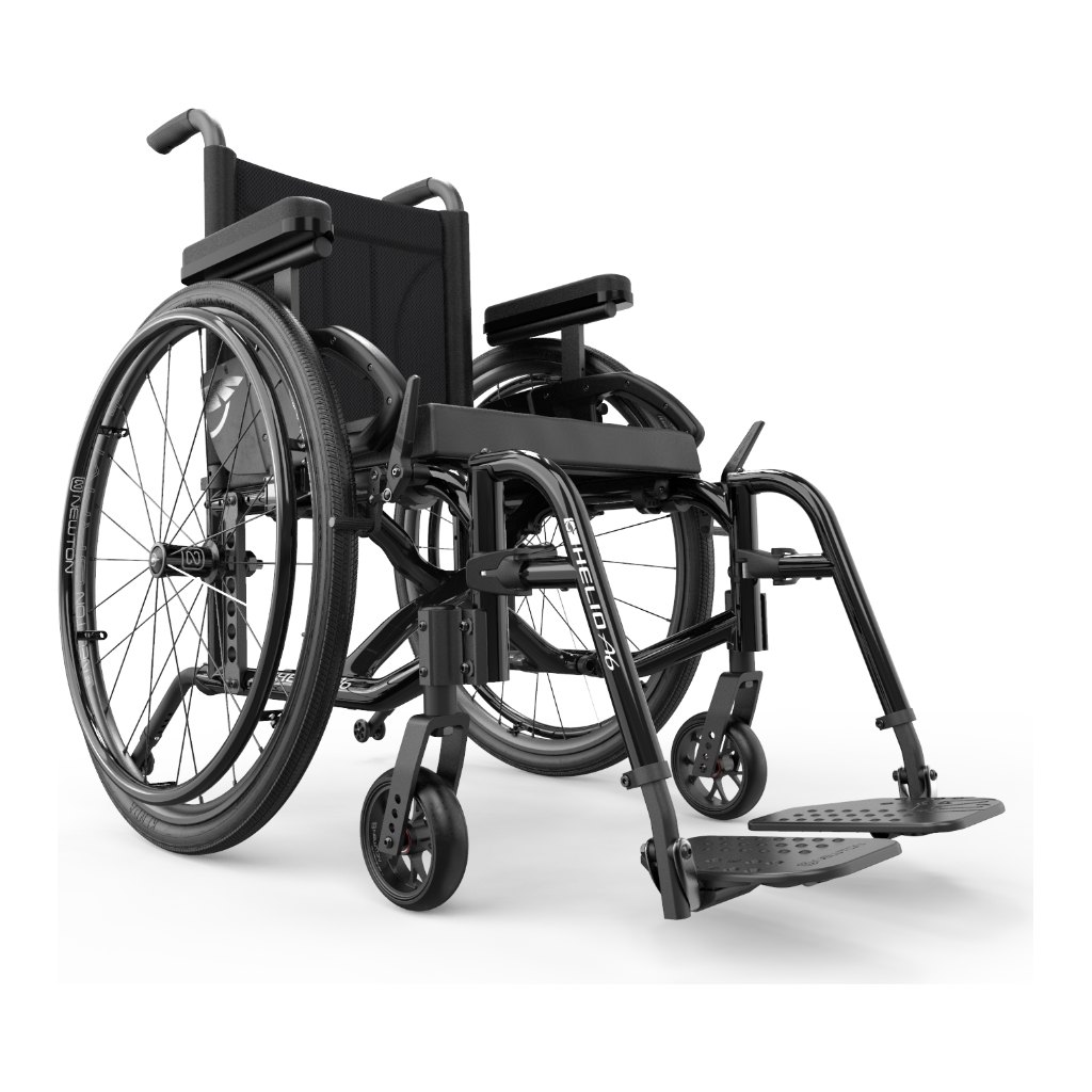 Helio A6 folding wheelchair in standard Black, front three-quarter view with the footplates down