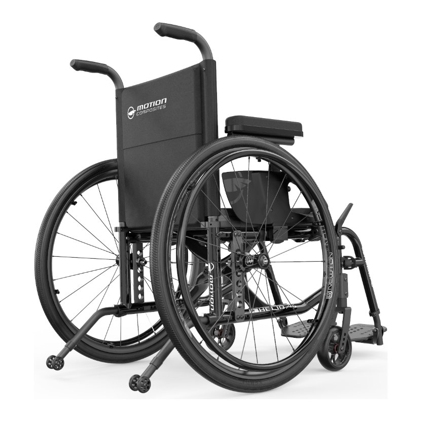 Rear view of a black Helio A6 showing the nylon back, push handles, anti-tippers and axle plates
